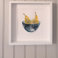 Pear still life painting in white box frame