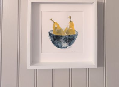 Pear still life painting in white box frame