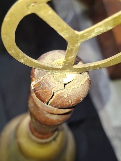 Vintage Brass School Bell with a turned wooden handle and a ring shaped top