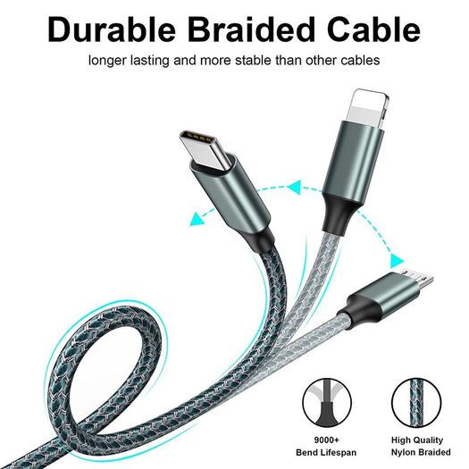 Multi Charger Cable, 3 in 1 Charger Cable [1.2M] Multiple USB Cable Nylon Braided with Micro USB Type C Lightning Cable Connector for iPhone, Android Galaxy, Huawei, Nexus, Nokia,LG, Sony, PS4-Green