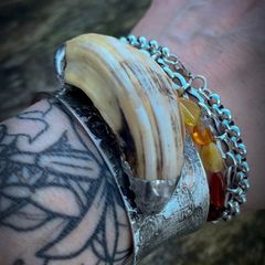 Reclaimed Wild Boar Tusk soldered to a handcrafted 925 silver cuff bracelet Tribal Jewelry