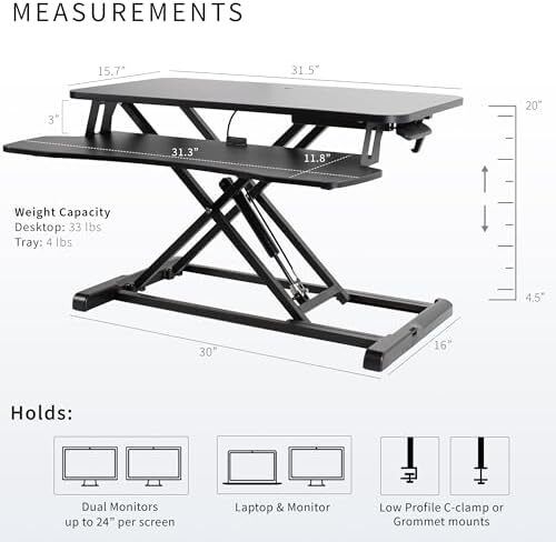 Standing 81 cm Desk Converter, Height Adjustable Riser, Sit to Stand Dual Monitor and Laptop Workstation with Wide Keyboard Tray, Black