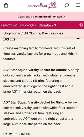 American Girl Star Squad berry coloured Varsity Jacket with white faux-leather sleeves Size M EUC