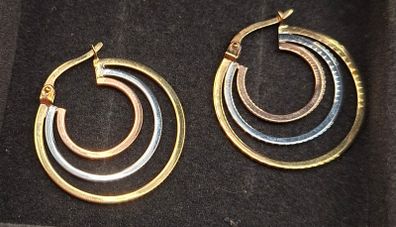 9ct three tones yellow, white,and rose gold triple hoop earrings