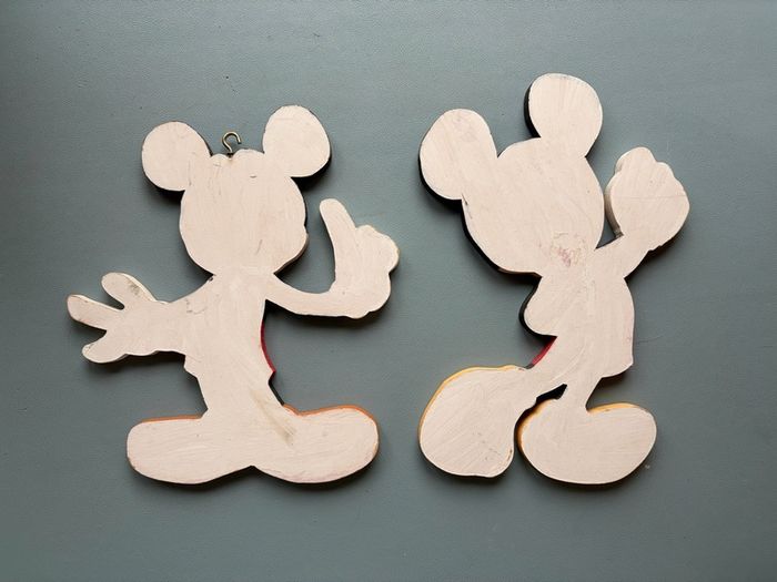 Pair of Vintage Wooden Handmade Handpainted Mickey Mouse Figures - Disney Wall Art Decor Plaques