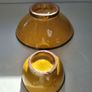 Vintage Ochre Yellow Ceramic Bowl Set with Silver and Gold Metal Rim Accent Image 5