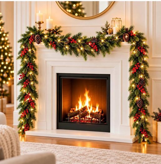 2Pack 2M Christmas Garland with 5m String Lights for Xmas Decoration Artificial Pine Garland with Red Berries & Pinecones with 8 Lighting Modes for Stairs, Fireplace, Indoor & Outdoor Decoration