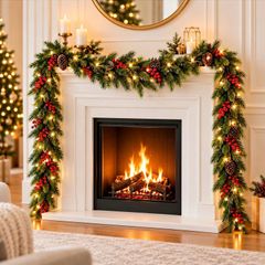 2Pack 2M Christmas Garland with 5m String Lights for Xmas Decoration Artificial Pine Garland with Red Berries & Pinecones with 8 Lighting Modes for Stairs, Fireplace, Indoor & Outdoor Decoration