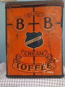 Rare Large Vintage Blue Badge Cream Toffee Shop Counter Tin