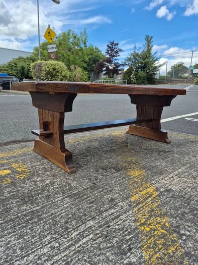 Solid Oak Rustic Coffee Table - Trestle Base