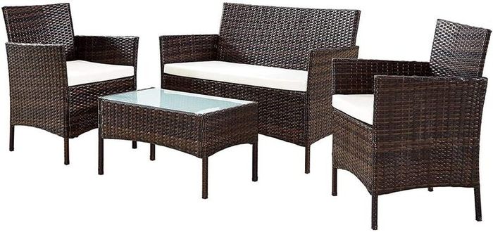 4-Piece Outdoor Rattan Patio Set with Glass Coffee Table  Brown
