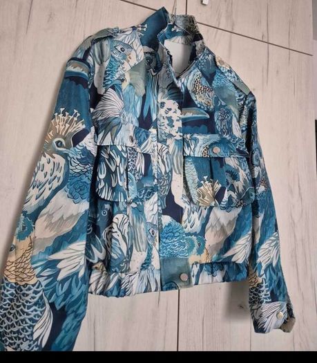 Bird print blue bomber jacket