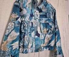 Bird print blue bomber jacket