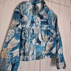Bird print blue bomber jacket
