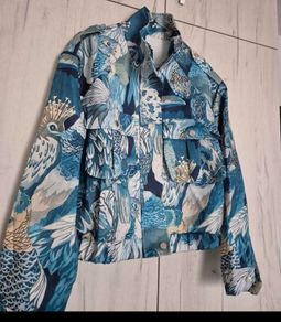 Bird print blue bomber jacket