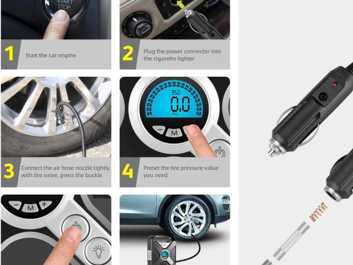 Car Tyre Inflator Air Compressor Tyre Pump 12V Electric Car Air Pump for Car Tyres Bike Tyres with Digital Tyre Pressure Gauge and Inflator Valve Adaptors LED Light (FREE POSTAGE)