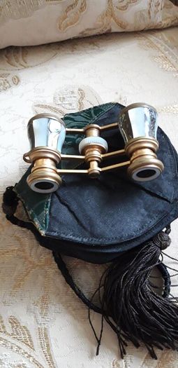 Antique Mother of Pearl Opera Glasses and Bag
