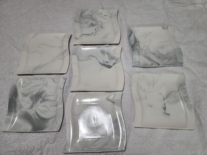 Stylish Modern Porcelain China Square 55 Piece Dinner Set, Marble Grey, Dinnerware, Dinner Party Set. Plates, Cups Mugs Bowls Egg Cups
