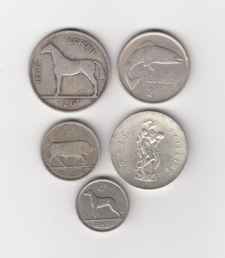 Ireland,4 x1928 Saorstat Eireann coins, 2/6, 2/-,1/-,(75% Silver)Coins,1x6d & 10/- (1966)(83.3% silver) coin (No: G9)
