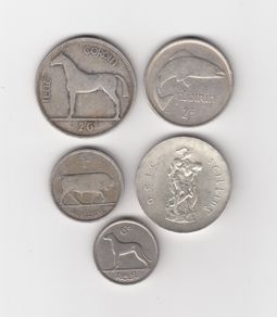 Ireland,4 x1928 Saorstat Eireann coins, 2/6, 2/-,1/-,(75% Silver)Coins,1x6d & 10/- (1966)(83.3% silver) coin (No: G9)