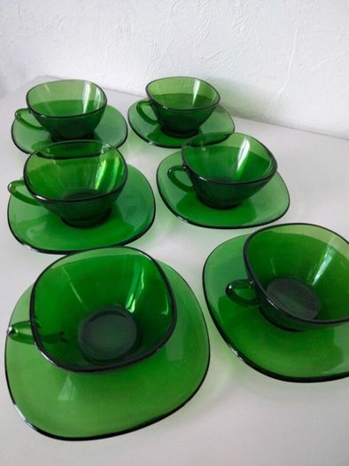 Vintage DURALEX Vereco Green Coffee Set of 6