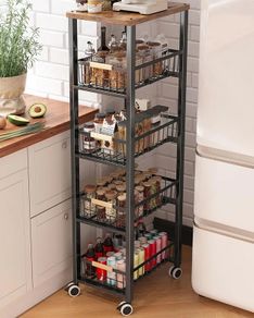 Vegetable Rack with Wooden Top,5-tier kitchen Storage Trolley,Vegetable Trolley on Wheels for Kitchen, Pantry, Office
