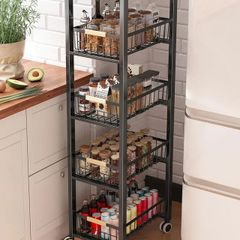 Vegetable Rack with Wooden Top,5-tier kitchen Storage Trolley,Vegetable Trolley on Wheels for Kitchen, Pantry, Office