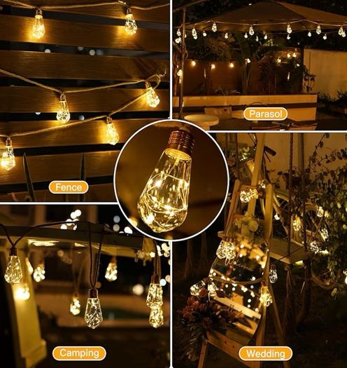 Solar Lights Outdoor Garden 6m Hemp Rope Festoon Light with Remote, USB Fairy String with 16 S17 Shatterproof Bulbs 160 LEDs 8 Modes, Waterproof Lighting for Outside Gazebo Patio Party Decor