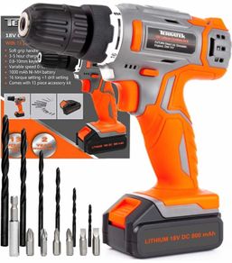 13Pc Cordless Drill Driver 18V/20V-Max Lithium-Ion, Electric Screwdriver, Accessory Kit, LED Work Light, Quick Change Battery & Charger Included