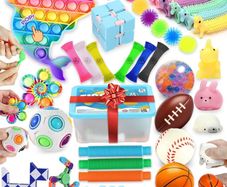 Upgraded Cheap Sensory Fidget Toy Set 34 Pack Fidget Toys Autism Stress Relief Toys Party Bag Fillers Fiddle Toys for Kids, Magic Rainbow Ball Puzzle Ball, Stretchy Strings, Spinning Skateboards (FREE POSTAGE)