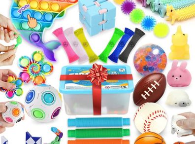 Upgraded Cheap Sensory Fidget Toy Set 34 Pack Fidget Toys Autism Stress Relief Toys Party Bag Fillers Fiddle Toys for Kids, Magic Rainbow Ball Puzzle Ball, Stretchy Strings, Spinning Skateboards (FREE POSTAGE)