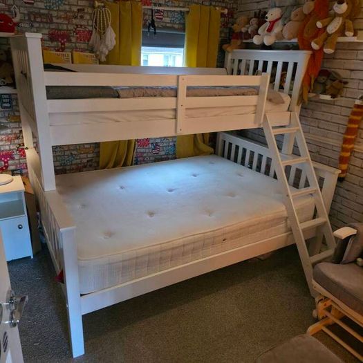 White wooden triple sleeper bunk bed - double and single