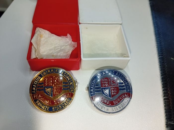 Vintage ASA Personal Survival Bronze/silver Standard Pin Badges x2 | Original Boxed e/c 1970s