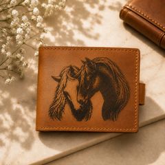 Leather Wallet for Men Handmade Bifold Wallet Horse Engraved Wallet Brown Leather Wallet