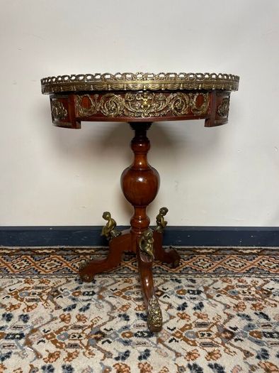 French Style Marquetry & Brass Round Centre Table , Cherub Motifs & Glass Top