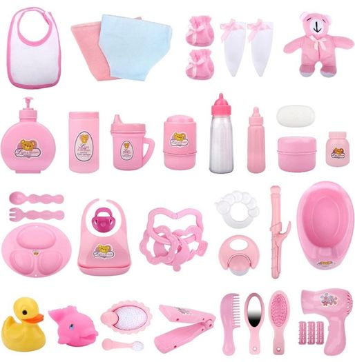 Role play games 40 Piece Bag with Baby Feeding Accessories, Clothes, Doll Bear, Bath, Soother Dummy and Much More-Nurturing Pretend Toy for Kids, 23 x 15 x 18 Centimeters (FREE POSTAGE)