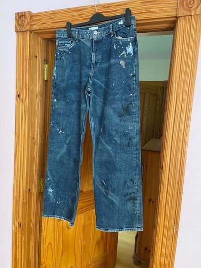 Fab Zara Blue Limited Edition Mid Rise Paint Splatter Washed Baggy Jeans  Size 42 UK 14