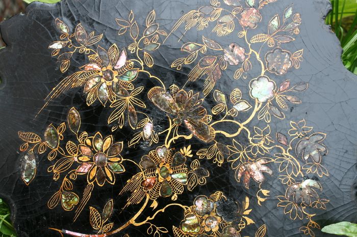 19th Century English Chinoiserie Papier Mache Wine Coaster Tray and Mid 19th Century English Victorian Period Papier Mache Tray with Mother-of-Pearl