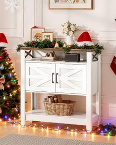 Console Table with Power Outlet, Entryway Storage with Cabinet and Open Shelves, Coffee Bar Cabinet, for Entrance, Hallway, Kitchen, White and Walnut