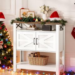 Console Table with Power Outlet, Entryway Storage with Cabinet and Open Shelves, Coffee Bar Cabinet, for Entrance, Hallway, Kitchen, White and Walnut