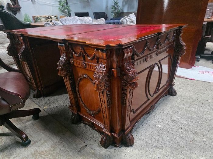 Thomas Chippendale Lions Head Carved Twin Pedestal Partner Desk