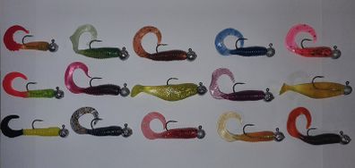 No#7 - New - Set of 15pcs mix colour Mini soft lures 4,5-5cm on jig heads No 1 and 1/0 and 4-5g - Pike Perch Trout Salmon Bass Cod Pollock