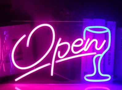 Open Wineglass Neon Sign Pink Blue LED Neon Light Wall Decoration for Home Bedroom Drinking Bar Club Wedding Birthday Party Decoration with USB Power Gift (FREE POSTAGE)