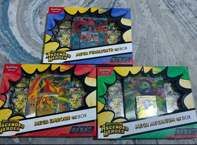 Mega Evolution Ascended Heroes mega ex boxes Mega Meganium ex, Mega Emboar ex, and Mega Feraligatr ex Boxes