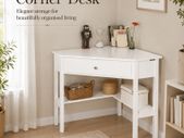 Compact White Corner Desk with Drawer and Shelf  76 x 76 cm, Space-Saving Home Office Table