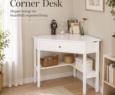 Compact White Corner Desk with Drawer and Shelf  76 x 76 cm, Space-Saving Home Office Table