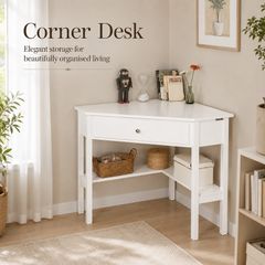 Compact White Corner Desk with Drawer and Shelf  76 x 76 cm, Space-Saving Home Office Table