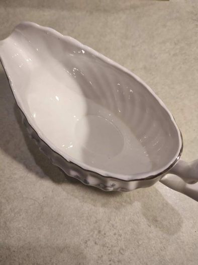 Vintage JB ironstone  Snow White gravy bowl Swirl Edge, Platinum Trim .