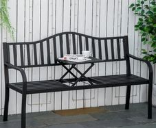 Metal Outdoor Bench with Liftable Middle Table, Patio Loveseat, Garden Bench for Garden, Porch, Seats 2  3 People, Black