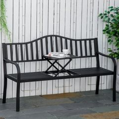 Metal Outdoor Bench with Liftable Middle Table, Patio Loveseat, Garden Bench for Garden, Porch, Seats 2  3 People, Black